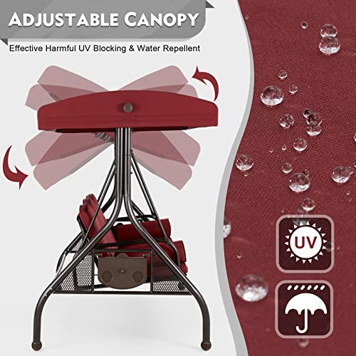 Image of HOMREST 3 Seat Outdoor Porch Swing with Adjustable Canopy, Convertible Patio Swing Bed with Stand, Patio Glider Swing with Upgraded Cup Holder, Thicken Cushions ＆ Pillow for Backyard(Wine Red)