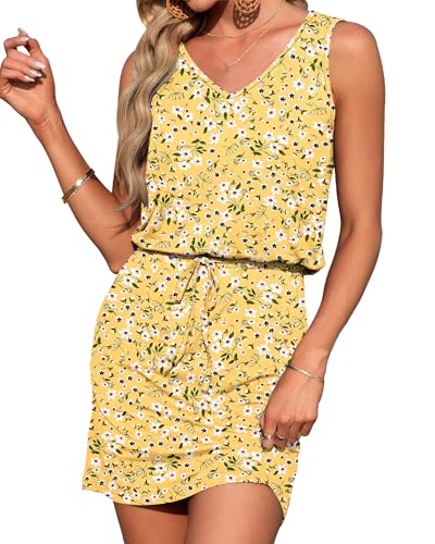 Image of AUSELILY Womens Summer Sleeveless V-Neck Drawstring Waist Beach Cover up Mini Short Swing Dresses with Pockets