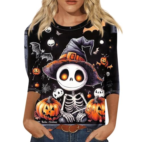 Halloween Shirts for Women 3/4 Sleeve Plus Size Crewneck Loose Fit Cute T Shirt Halloween Costumes for Women 2025