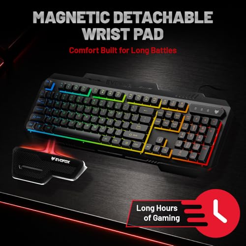 Image of EvoFox Warhammer 2 Semi-Mechanical Gaming Keyboard Mouse Combo Wired with Rainbow RGB Effect & Letter Backlit, Detachable Magnetic Wrist Pad, Metal Body,19 Anti-Ghosting Keys, 7200 DPI Mouse