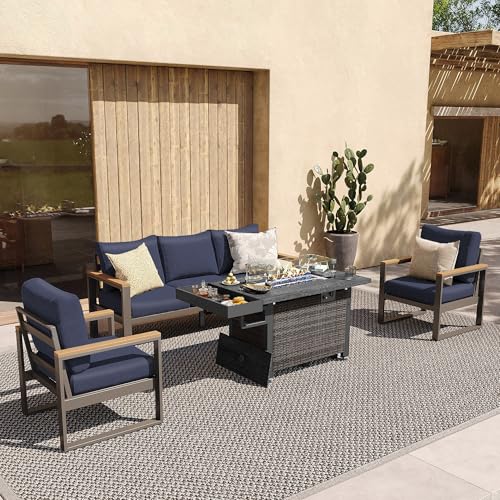 Image of Sundale Outdoor Aluminum Patio Furniture Set, 4 Piece Outdoor Conversation Sets with Fire Pit, Ottoman and Washable Thick Cushions, All Weather Outdoor Sectional Set for Deck, Lawn (Navy Blue)