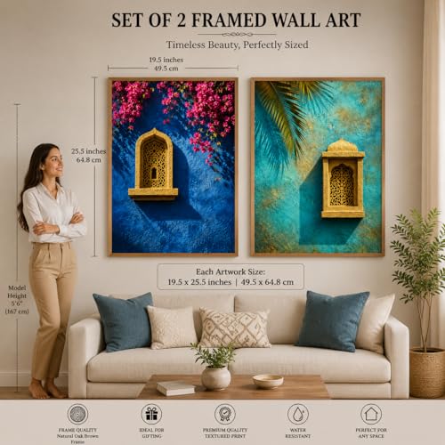 Image of Livin'luxe Set of 2 Blue Moroccan Window Wall Paintings for Living Room Bedroom Hallway Decor with Premium Wooden Color Synthetic Frame (25.5 x 19.5 Inch) NM02-103