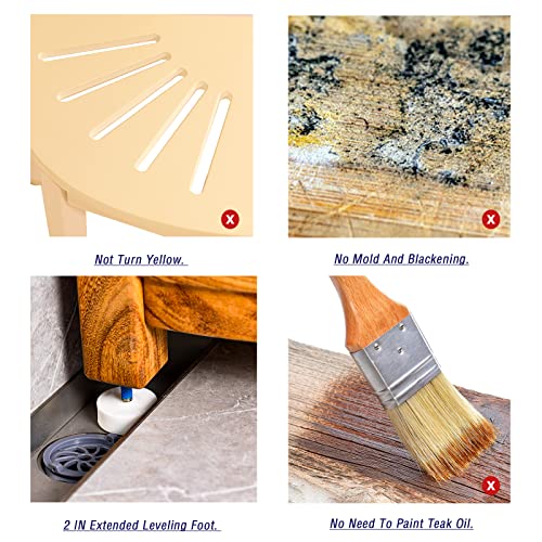 Nnn 16.5" Teak Corner Shower Stool For Shaving Legs/Corner Shower Bench With Shelf/Shower Foot Rest/Waterproof Bathroom Bench-White Seat For Small Spaces #TOP6