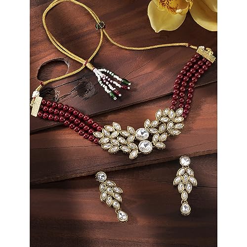 Image of Peora Gold Plated Bridal Crystal Pearl Choker Necklace with Drop Earrings Traditional Jewellery Set for Women
