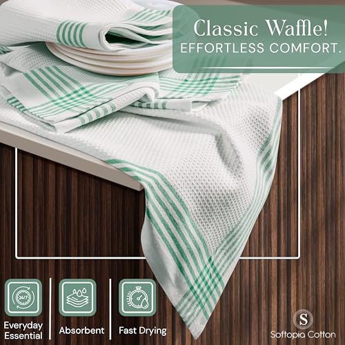 Image of Waffle White & Dark Green Kitchen Towels 4 Pack, 100% Cotton, 16x26 inches, Super Absorbent Tea Towel for Drying Dishes, Quick Drying Kitchen Cloth Set for Daily Cooking, Cleaning