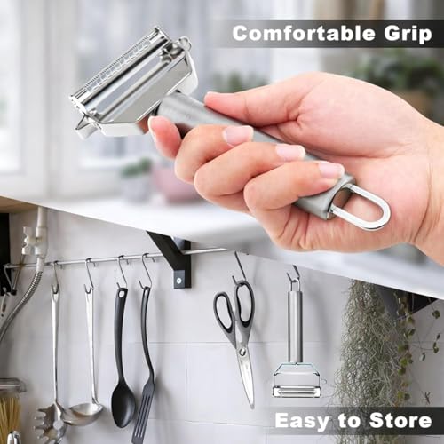 Image of 2 in 1 Stainless Steel Julienne Vegetable Peeler Multi-Functional Fruit & Veggie Shredder Slicer and Grater for Potatoes, Carrots, Cucumbers (Silver, 18 x 8.2 x 2.3 cm)
