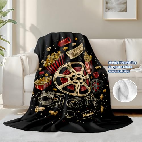 keepitcozi Movie Ticket Popcorn Throw Blanket for Adult Kids, Movie Theater Cinema Gifts Blanket Home Room Decor, Flannel Soft Blanket for Bed Couch 50