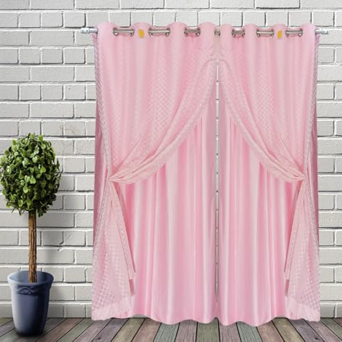 Image of Double Curtains 2 in 1 Embroidery Transparent Curtain with 80% Blackout Curtain Best for Every Interior Living Room (Pink,5- feet Set 2)
