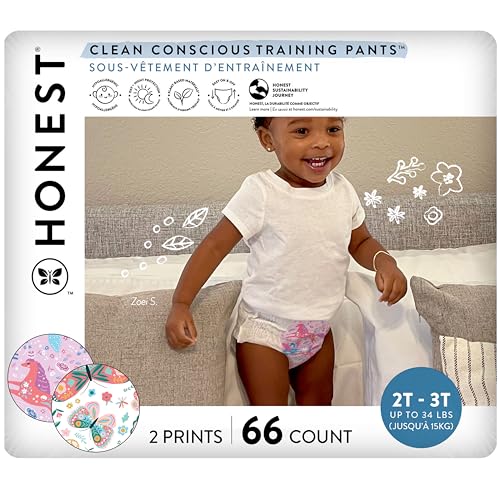 The Honest Company Clean Conscious Training Pants for Sensitive Skin | Hypoallergenic, Fragrance Free | Magical Moments + Butterfly Kisses | Size 2T/3T (up to 34 lbs), 66 Count