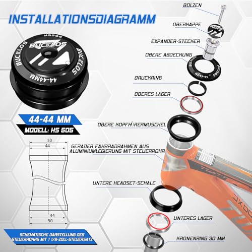 1-1/8 Fahrrad-Steuersatz MTB Gewindefrei 34 44 44-55 44-56 mm, gerades konisches Rohr Mountainbikes Rennrad Doppelt abgedichtete Lager Steuersätze, für Rahmen Gabel-Expander-Stopfen Sternmutter