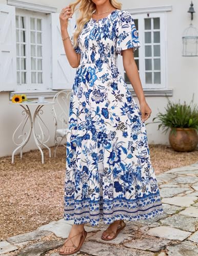 Image of ZESICA Women's 2026 Summer Boho Floral Maxi Dresses Casual Short Flutter Sleeve Smocked Tiered Flowy Dress