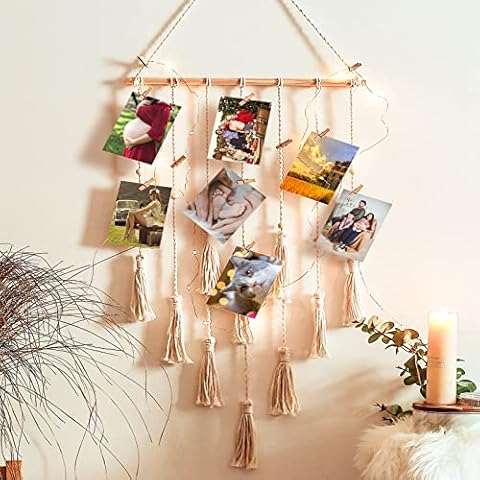 JOBOSI Hanging Photo Display Macrame Wall Hanging Pictures Organizer Boho Home Decor, Mom Gifts, Grandma Gifts, Birthday Gifts, Friends Gifts, Girls Gifts, Memorial Gift Cover