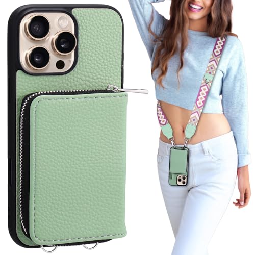 XANGNIER Wallet Case for iPhone 16 Pro RFID Blocking PU Leather Crossbody Phone Purse with Card Holder Zipper Pocket Wrist Strap & Adjustable Lanyard for Women 6.3 5G Green