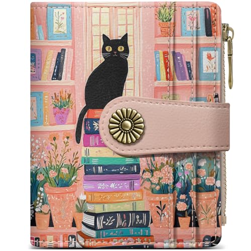 Image of Small Wallet for Women, RFID Blocking Bifold Card Holder Wallet with 10 Card Slots, Cash Compartment, Zipper Coin Pocket & ID Window, Cute Soft Vegan Leather Compact Wallet, Bookish Kitty