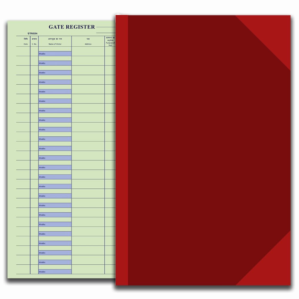Trison Registro de entrada para puerta, 768 páginas, papel de contabilidad verde, orientación horizontal, 21,5 x 34 cm, lona roja, tapa dura, Quire 12, paquete de 1