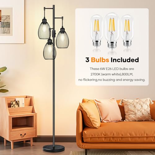 Image of Dimmable Floor Lamp,3x800LM LED Bulbs Included, Farmhouse Industrial Floor Lamp Standing Tree Lamp with Teardrop Cage Head Tall Lamp for Living Room Bedroom Office Dining Room - Black & Marble Base