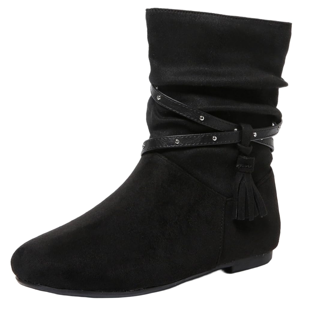 DINTAHA Womens Slouch Flat Ankle Boots Dress Boots for Women Low Heel Fall Boots with Tassel