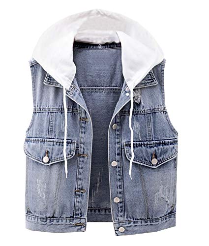 LifeShe Women's Girls Sleeveless Denim Vest Jean Jacket with Removable Hood White
