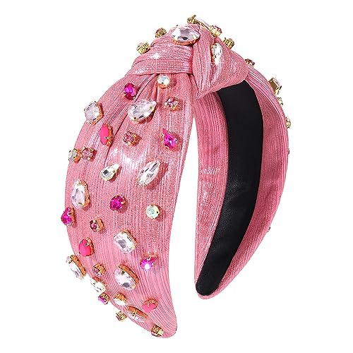 HEIDKRUEGER Crystal Knotted Headband Rose Red Beads Embellished Headband for Women Girls Sweet Fashion Hair Hoop Accessories (Pink)