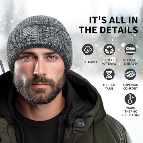 Image of OUTDOOR SHAPING American Flag Embroidered Knit Cuffed Beanie for Men Women Tactical Winter Warm Hat