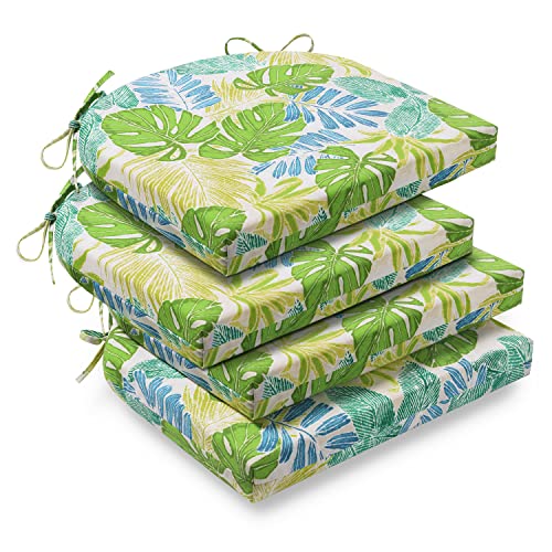 Downluxe Outdoor Chair Cushions, Waterproof Round Corner Memory Foam Seat Cushions With Ties For Garden Patio Funiture, 17" X 16" X 2", Tropical Green Leaves, 4 Pack #TOP4