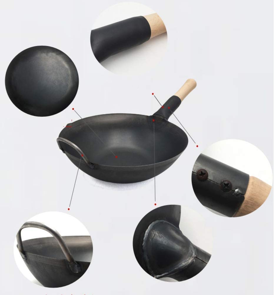 Wok-Pfanne, antihaftbeschichtet, zum Braten, antihaftbeschichtet, schmiedeeiserner Wok mit rundem Boden und Einzelgriff aus Holz, unbeschichtet, altmodischer Eisentopf, Heim-Wok-Bratpfanne (runder