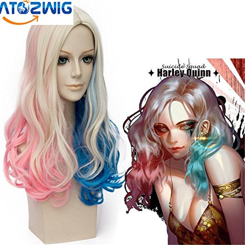ATOZWIG Ombre Pink Blue Blonde Long Wavy Cosplay Costume Wig+Wig Cap