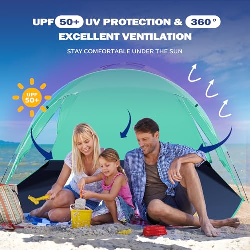 Outterra Beach Tent for 3-4 People, UPF50+ Sun Shelter with Breathable 3-Zipper Door Design, 8.0mm Reinforced Fiberglass Poles, Portable Shade Canopy for Beach & Camping (Green) - Image 5