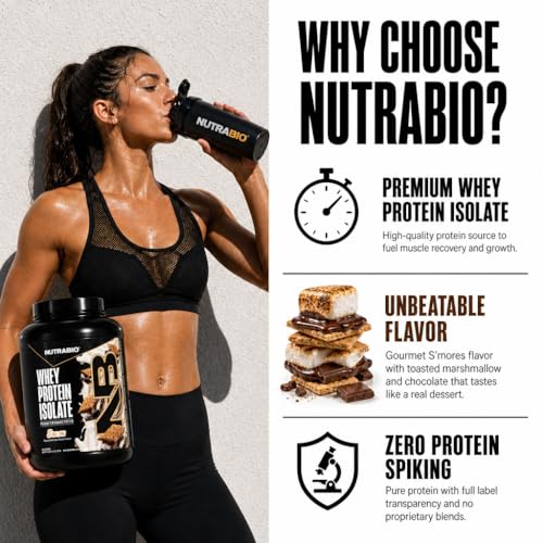 Image of NutraBio 100% Whey Protein Isolate Protein Powder, 25g Protein with Complete Amino Acid Profile, Non-GMO, Soy & Gluten Free, Low Carb, Low Calorie, S'Mores, 50 Servings