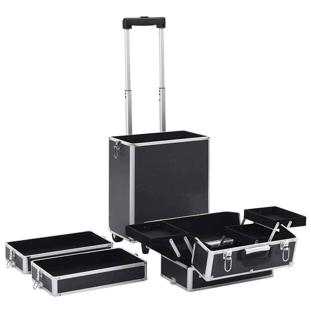 Aluminiowa walizka na kosmetyki, czarna, z 4 półkami i wysuwanymi półkami, 37 x 22 x 78 cm, z 4 zdejmowanymi kółkami, organizer na kosmetyki, produkt do pielęgnacji, w podróży i bagażu