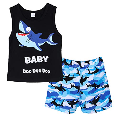 2Pcs Baby Boys Summer Clothes Sets, Cute Letters Print Tank Tops T-Shirt + Pants Shorts Outfits (Sleeveless Shark Black 18-24months)