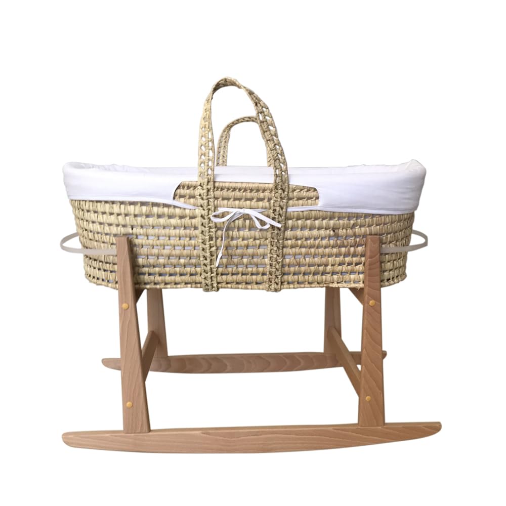 Tanuki Moisés de Mimbre Natural para Bebé con Base de Madera - Hecho a Mano - Colchón Incluido - Estilo nórdico Liso Blanco