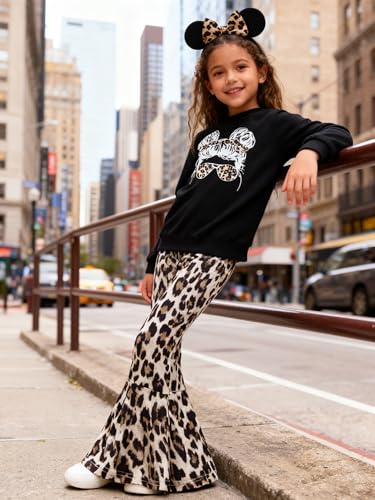 Image of KIDLAGA Toddler Girl Clothes Figure Graphic Drop Shoulder Top Pullover Leopard Print Flared Pants Fall Winter Outfit Set