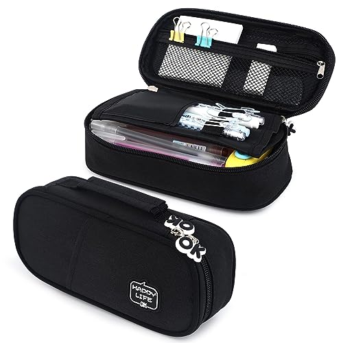 Teackbd Black Pencil Case Pouch Bag, Large Capacity Case with Handle, Aesthetic Pouch for Kids, Adults & Office Use