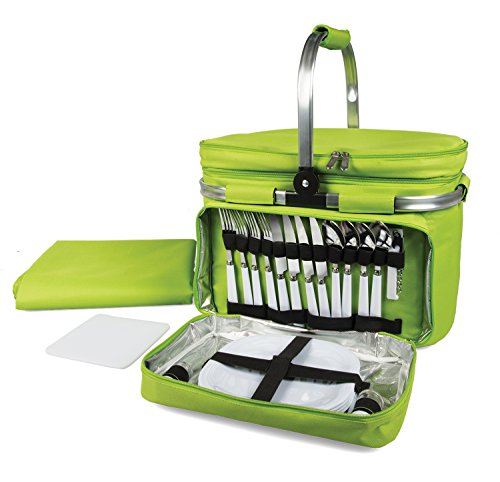 Deco Foldable Insulated Picnic Basket, w Plates, Glasses & Flatware - Keeps Food Cold or Warm for Hours - Full Sized Set Folds Down to 5 Inches