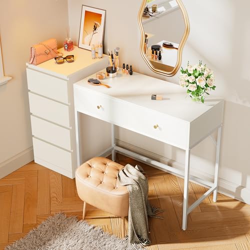 Image of SUPERJARE 39.4 inch White Desk with 2 Drawers, Modern Makeup Vanity Desk