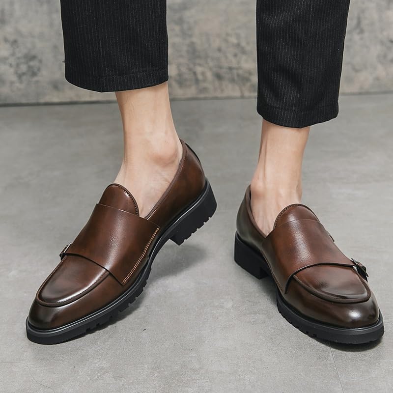 Men's Classic Dress Leather Shoes, Double Monk Buckles, Slip-On Leather Loafers, Fit, Business, Dress, Driving, Comfortable Casual2