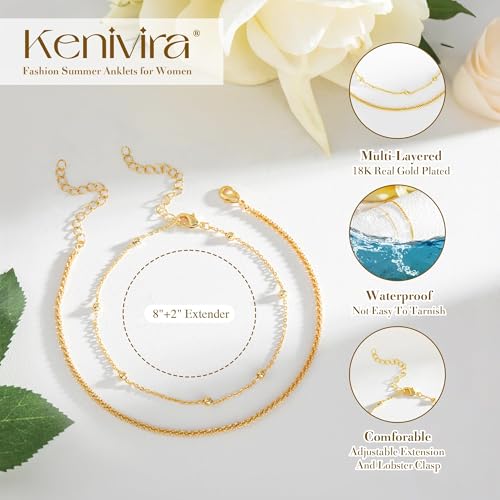 Image of Kenivira Sterling Silver Ankle Bracelets for Women,Gold Dainty Layered Waterproof Anklet for Women, Anklet Set Stackable Beach Gift Adjustable Size