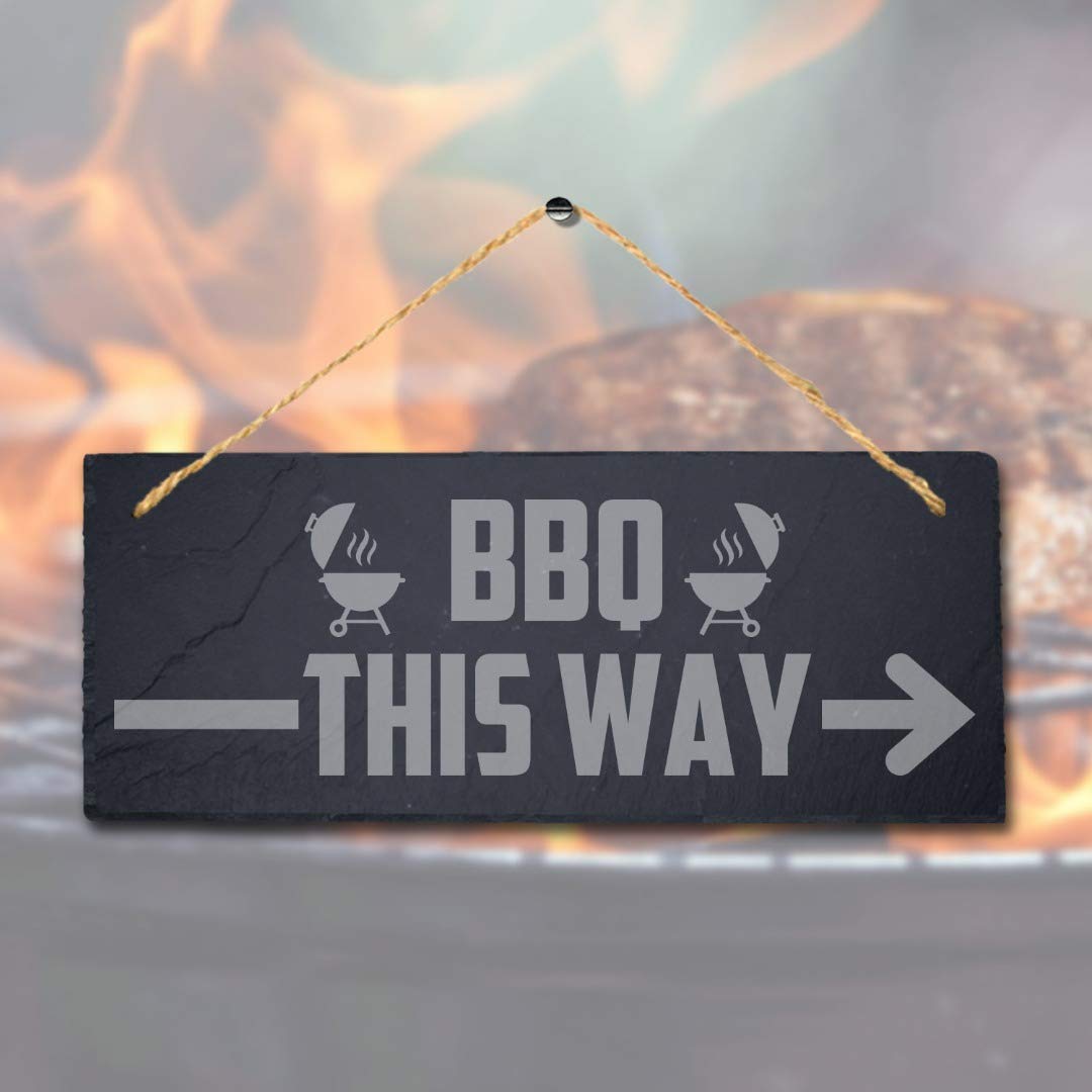 Stukk BBQ This Way Laser Hanging Chicken Grilled Party Home Sign, Natural Engraved Slate Stone Plaque, 30x12cm (Large)