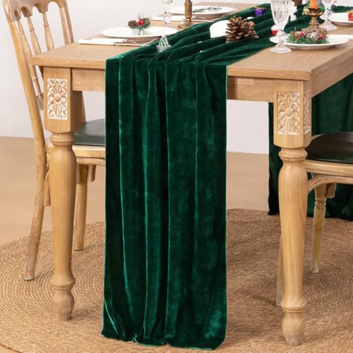 Image of MLMC Velvet Table Runner 10ft Luxury Velvet Fabric Elegant Table Decorations 20x120 Inches for Wedding Anniversary Romantic Dinner Holiday Kitchen and Dining Table Decor, Emerald Green
