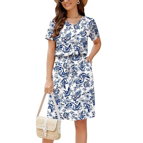HUSKARY Women Summer Casual Midi Dresses Short Sleeve V Neck Drawstring Knee Length T Shirt Dress with Split and Pocket Flower 07 Medium