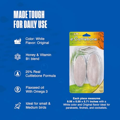 Image of Penn-Plax Bird-Life E-Cuttlebone Original, 3 Pk (2 Count Each) - Durable, Less Brittle Cuttlebones Enriched with Omega 3, Honey & Vitamin B1 -Easy Mounting, Cage Clip - Great for All Bird Sizes -White