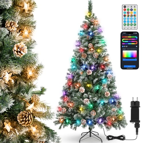Aigostar 180 cm Árvore de Natal artificial com efeito de neve, luzes inteligentes de 10 m com 66 LEDs (Estrelas), 39 modos dinâmicos, Sync Musical, DIY cores. Árvore de Natal com 650 ramos, 43 ananás