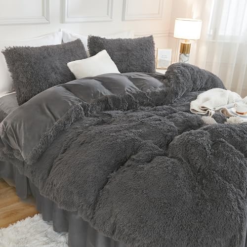 Andency Faux Fur Dark Grey Comforter Full Size, 3 Pieces Fluffy Fuzzy Plush Gray Bedding Comforter Set (1 Shaggy Velvet Comforter & 2 Pillowcases), Soft Puffy Comfy Bedding Set