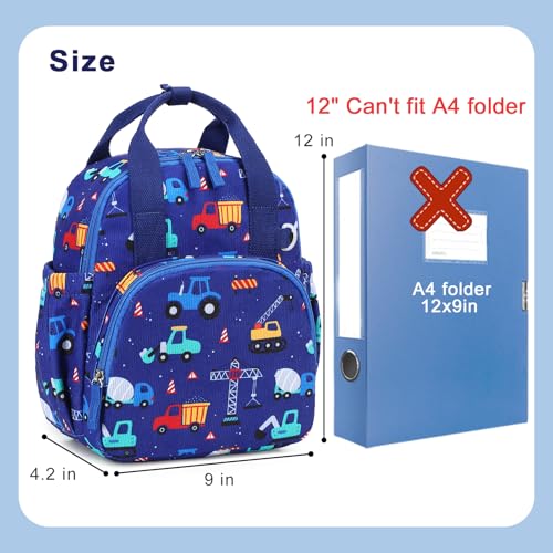 Image of Bluboon Toddler Backpack for Girls Boys 2-4 Cute 12 inch Preschool Kindergarten Backpacks Kids Daycare Bags School Travel (Engineering vehicle - Royal blue, Age 2-4 (12 inch H not Fit A4 Folder))
