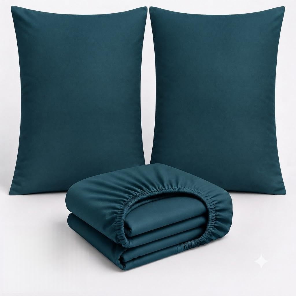 3 Piece Cotton Bedding Set UK – 200 Thread Count Deep Fitted Sheet 25cm with 2 Pillowcases, Soft Breathable Hotel Quality Bed Linen, Elasticated, Zinc, Double