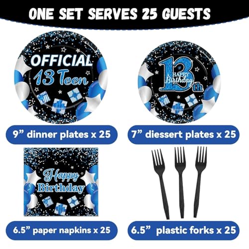Image of 100 Pcs 13th Birthday Decorations for Boys Official Teen 13th Supplies Plates Napkins Forks Set Disposable Blue 13th Birthday Tableware Paper Plates Dinnerware for Kids Teenager Favors Serve 25