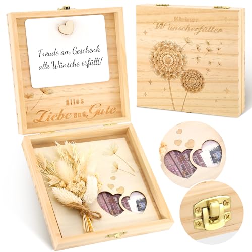 MKLG Wunscherfüller Geldgeschenk Geldgeschenke Geburtstag Holzkiste mit Gravur Kleiner Wunscherfüller Laser-Design & Trockenblumen | 14x14cm Holzbox für Scheine & persönliche Nachricht