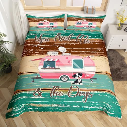 Erosebridal Happy Camping Bedding Set Queen Size for Boys Kids Teens Camper Bedding, Vintage Old Barn Door Duvet Cover Kawaii Dog Decor Comforter Cover, Rustic Farmhouse Style Bedding