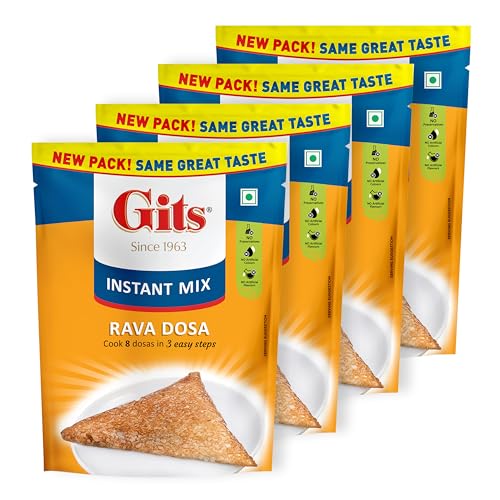 Image of Gits Instant Rava Dosa Breakfast Mix, Makes 8 per Pack, Pure Veg, South Indian Recipe, 800g (Pack of 4, 200g Each)
